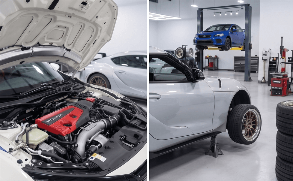 Engine bay work and a car on the lift at TST Performance