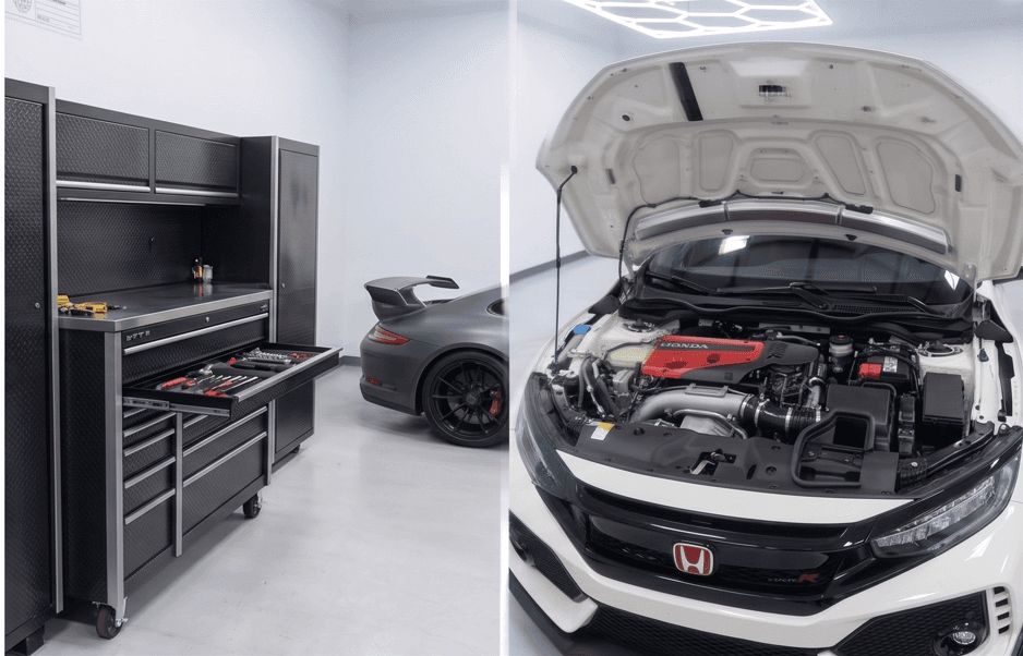 Tool chest and vehicles in the TST Performance shop